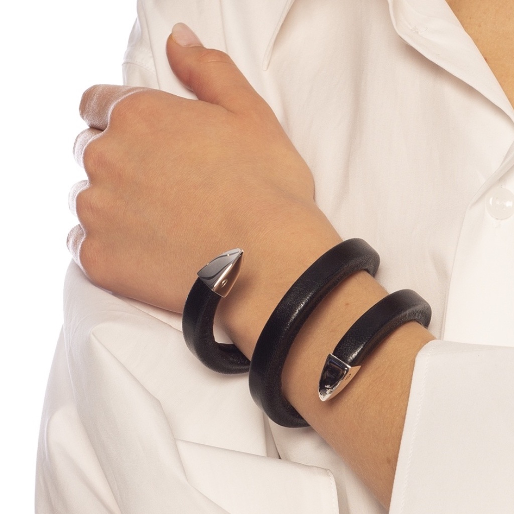 Bottega Veneta Coiled Cuff Bracelet In Nero Black Nappa Leather Sterling Silver